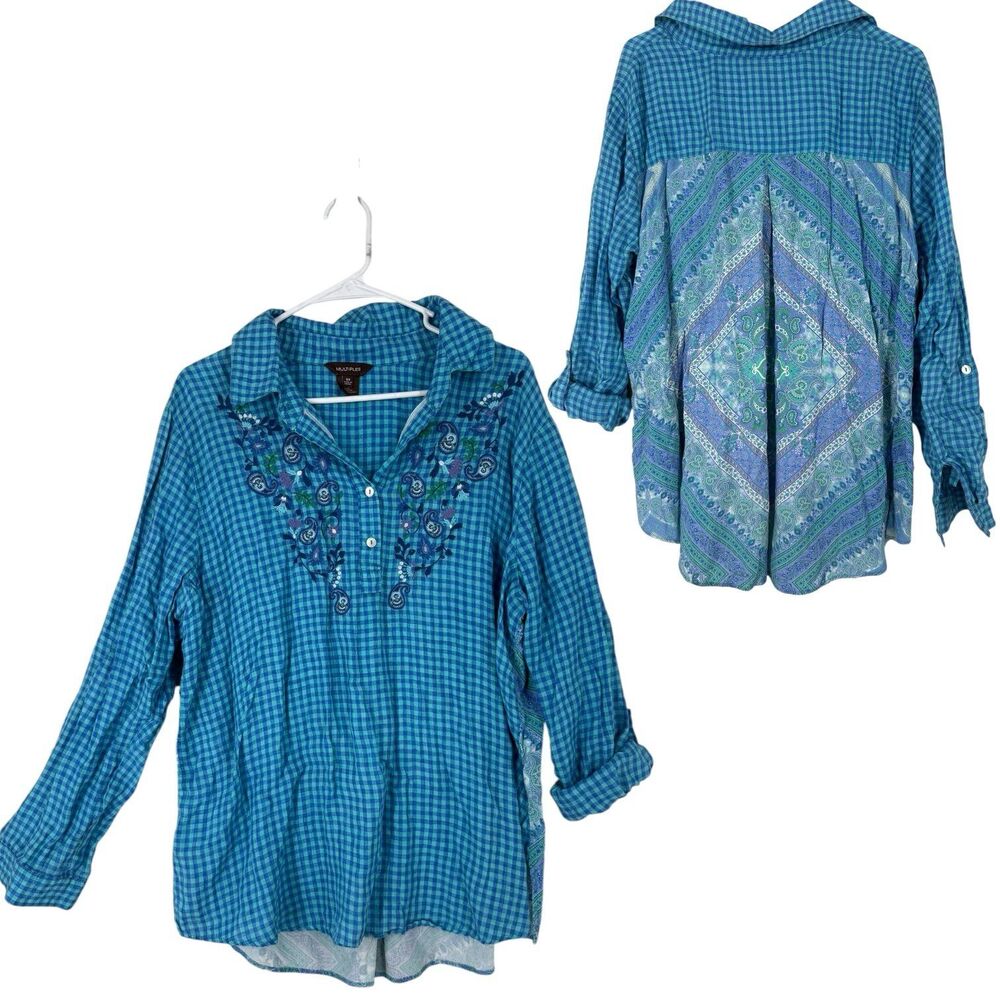 Multiples Blue Plaid Embroidered Tunic Mixed Fabric Top Boho Peasant Blouse OX
